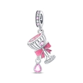 Macro shot of 925 silver goblet charm with pink bow and heart gemstone detail - Sweet Wine Glass Pendant (PAC1318)