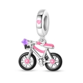 Close-up of bike charm with pink enamel flowers and heart detail on 925 silver - Rotatable Bicycle Pendant
