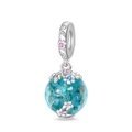 Luminous blue glass charm with silver metal flower engraving and pink zircon stones - Glowing Stamen Style (PAC1149)