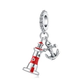 Macro detail of silver nautical lighthouse and anchor charms with red enamel coating - Lighthouse Anchor Bead (OTC1096)