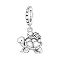 Detailed view of silver sea turtle charm with small baby turtle and inlaid crystals - Turtle Mother and Child Charm (OTC1221)