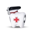 Macro detail of cartoon tooth charm with black nurse hat and red cross for bracelets - Medical Graduation White Tooth Bead