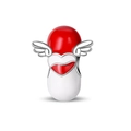 Macro detail of silver-plated capsule charm with angel wings and red enamel heart - Healing Capsule Bead