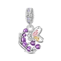 Macro detail of silver lily of the valley charm with purple enamel and butterfly - Lily of the Valley Pendant (PAC1524)