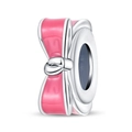 Detail van zilveren kraal met roze emaille strik voor DIY sieraden armbanden - Strik Vaste Gesp