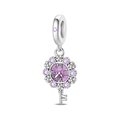 Silver-plated clock and key charm with purple crystals for DIY jewelry bracelets - Time Key Pendant (PAC1505)