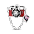 Silver retro camera charm with red enamel and butterfly pendant for bracelets - Time Travel Camera Bead (PAC1507)