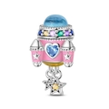 Silver rocket charm with pink enamel, blue heart stone, and dangling stars for bracelets - Time Rocket Bead (PAC1512)