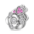 Anhänger mit rosa Herz und Kamelienblüte in Silberoptik mit Zirkonia für Armbänder - Luxus Rose Perle (PAC1466)