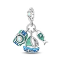 Detail of travel charms with silver camera, sailboat and green enamel fish pendant - Sailing Diary Three-piece Pendant (PAC1595)