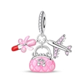 Detail of pink lipstick, handbag, and airplane charms for DIY bracelets in silver - Pink Bag Outing Pendant (PAC1614)