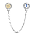 Silver safety chain charm featuring golden sun and blue zircon moon with stars - Sun and Moon Safety Chain (PAC1570)