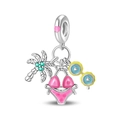 Detail of silver beach charms featuring a palm tree, pink bikini and sunglasses - Coconut Palm Vacation Style (PAC1597)