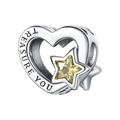 Detailed view of heart charm with Treasure You engraving and yellow star crystal - Star Zirconia Hollow Heart Bead (OTC1185)