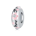 Detail of silver floral charm with pink enamel petals and a sparkling zircon center - Pink Sakura Style (OTC1051)