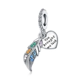 Macro detail of silver feather charm with colorful zircons and Luck engraved heart tag - Colorful Lucky Feather Pendant (OTC1085)