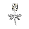 Makroansicht von Libellen-Anhänger aus Silber mit Blattgravur und gelben Kristallen - Steinbesetztes Blatt Libelle Perle (OTC1308)