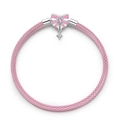 Detailansicht eines rosa gewebten Armbands mit silberner Schleife und Sternanhänger - 17cm / Rosa Schleife Stern Stil (PAB045)