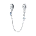 Macro detail of silver safety chain with blue moon and star charms for charm bracelets - Star Moon Safety Chain (OTC1089)