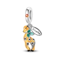 Detail of giraffe pendant with yellow enamel, green leaves and orange zircon inlay - Strolling Giraffe Pendant