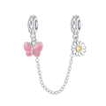 Detalle de cadena de seguridad de plata con mariposa de esmalte rosa y flor de margarita - Cadena De Seguridad De Mariposa Y Margarita (OTC1183)