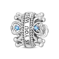Detail of silver hollowed charm with blue stones and AS YOU WISH engraving - Hollow Crown Heart Style (PAC1734)