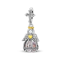 Detailed view of silver angel wings charm with heart, cross and purple crystal ball - Sweet Dream Angel Luminous Pendant (PAC1740)