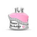 Detailed view of happy birthday cake charm with pink enamel, crown, and sparkling zircon stones - Crown Birthday Cake Charm (PAC1737)