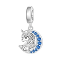 Macro detail of silver unicorn and crescent moon charm with blue gemstones for bracelets - Moon Unicorn Pendant (OTC1189)