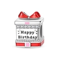 Detailed view of silver birthday gift box charm with red enamel bow and zircon stones - Birthday Gift Box Charm (PAC1736)