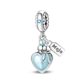 Détail du charme cœur en émail bleu avec nœud argenté et étiquette gravée Mojo - Pendentif Bouteille Souhait Cœur Émail Bleu (PAC1744)