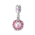 Vue macro d'une breloque cœur rose avec motif évidé en argent et pierre précieuse - Pendentif Bouteille Évidée Cœur Sphérique Rose (PAC1745)