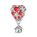 Detail of hot air balloon charm with red enamel hearts and small house pendant in silver - Sweet Travel Hot Air Balloon Bead