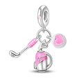 Detail of silver golf charm featuring a club, pink enamel bag, and heart pendant - Golf Theme Style (PAC1619)