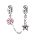 Catena di sicurezza in argento con luna, stella, zampa rosa e pendenti viola - Catena di Sicurezza Zampa di Gatto Sognante