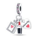 Detailed charm with perfume bottle, lipstick, and heart pendant in silver and pink enamel - Lipstick Perfume 3-Piece Charm Set (PAC310)