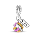 Silver volleyball charm pendant with pink and orange enamel and heart-shaped crystal - Volleyball Style (PAC1623)