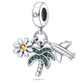 Macro detail of silver travel charms featuring a daisy, palm tree, and airplane pendants - Pac174 - Airplane Coconut Tree Sunshine Pendant