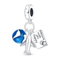 Macro detail of silver travel charms including a blue globe, airplane, and camera tag - Airplane and Globe Triple Set (PAC372)
