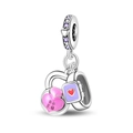 Silver bead charm featuring a pink heart and purple smartwatch pendant for DIY jewelry - Fitness Strength Style (PAC1624)