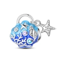 Silver ocean seashell charm with blue enamel, starfish and sea snail for DIY bracelets - Undersea Shell Treasure Bead (PAC1690)