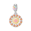Detail of silver sun charm with orange gemstone and colorful macaron enamel finish - Sun Direction Star Pendant (PAC1694)