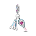Silver badminton and racket charm with pink heart crystal for DIY sports bracelets - Fun Badminton Style (PAC1625)