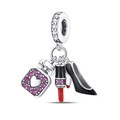 Macro shot of silver charm featuring perfume bottle, lipstick, and high heel with pink zircons - Fancy High Heels & Lipstick 3-Piece Set