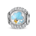 Silver bead charm with blue enamel rain clouds and sparkling cubic zirconia halo - Rainy Day Bead (PAC1693)