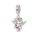 Silver angel charm with colorful floral wreath and red wine glass for bead bracelets - Angel With Wine Glass Style (PAC1699)