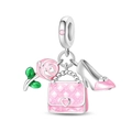 Detailed charms set featuring pink enamel rose, quilted handbag, and stiletto heel pendant - Rose Bag And Shoe Style (PAC1752)