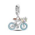 Detailed silver bicycle charm with blue enamel wheels and Ready Go engraving on the loop - Bicycle Style (PAC1757)