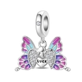 Silver butterfly charm with blue purple enamel and heart luck tag for DIY bracelet - Heart Opening Butterfly Charm (PAC1747)