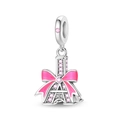 Silver Eiffel Tower charm with pink enamel bow and sparkling crystals for bracelets - Romantic Paris Tower Style (PAC1709)